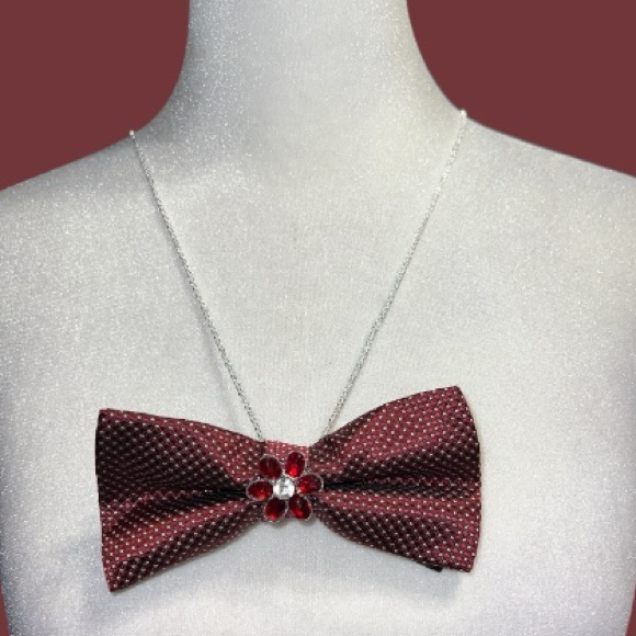 “Dainty Dapper” Pretty Burgundy Bow Tie Necklace With Rhinestone Flower Attached